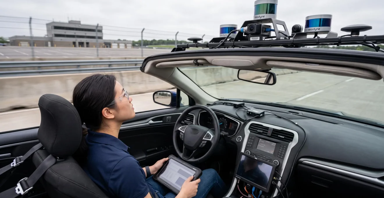 Un ingénieur observe les capteurs depuis le siège d'un véhicule autonome en test.